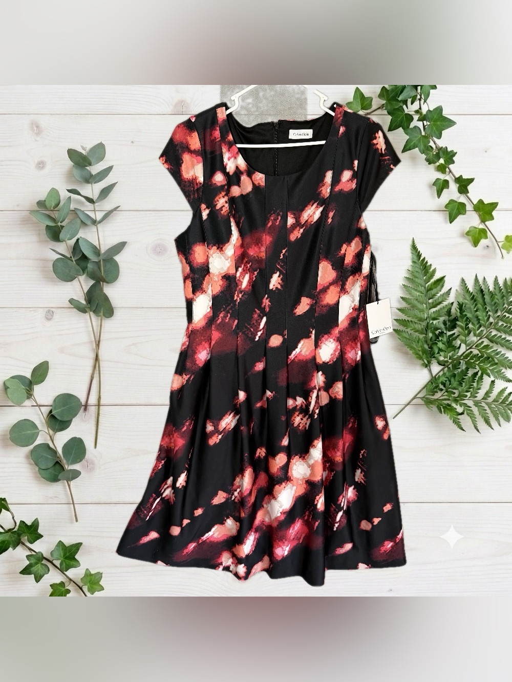 NWT Calvin Klein Women's 14 Black Red Floral Fit Flare Dress Pockets Church Work